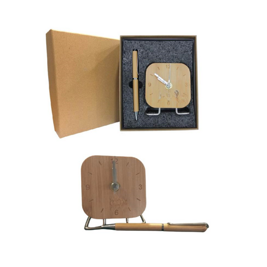 Bamboo Clock & Ball Pen Gift Set