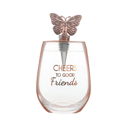 Pavilion 20oz Stemless Glass & Bottle Stopper Gift Set - Good Friends