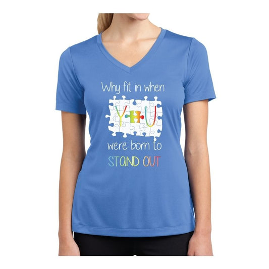 Autism Awareness Ladies Competitor V-Neck T-Shirt - Stand Out