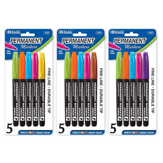 BAZIC Bright Colors Fine Tip Permanent Markers w/ Pocket Clip (5/Pack)