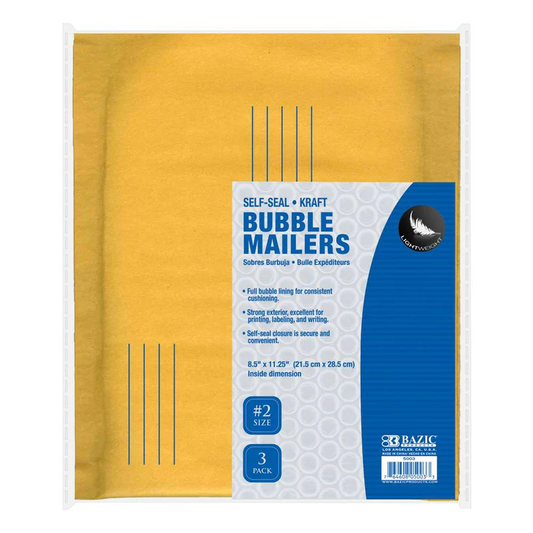 BAZIC 8.5" x 11.25" (#2) Self-Seal Kraft Bubble Mailers (3/Pack)
