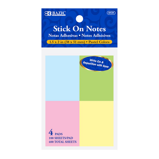 BAZIC 100 Sheets 1.5" x 2" Stick On Notes (4/Pack)