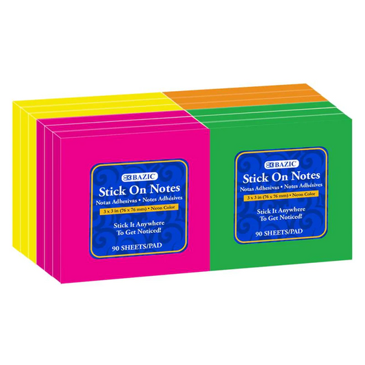 BAZIC 90 Sheets 3" X 3" Neon Stick On Notes (12/Pack)
