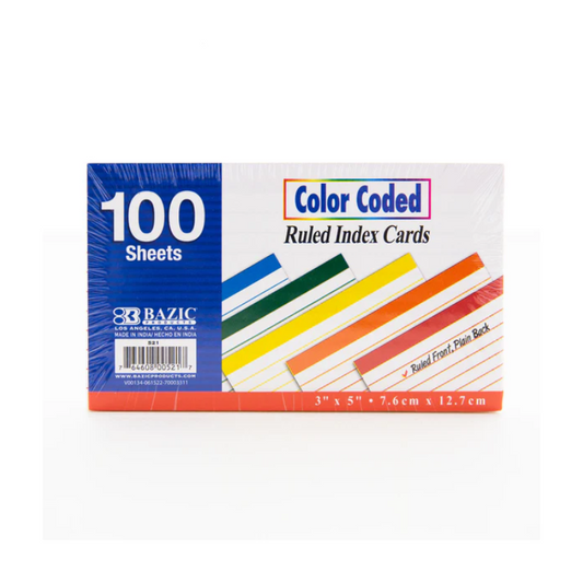BAZIC 3" X 5" Ruled Colour Coded Index Card (100 Sheets)