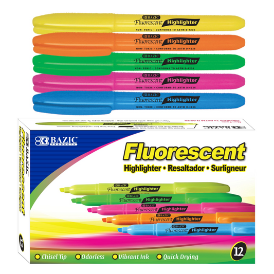 BAZIC Fluorescent Highlighter w/ Pocket Clip (12/Pack) - Assorted Colours