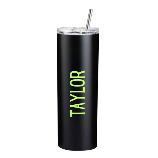 Personalised 20oz Thermo Skinny Tumbler with Stainless Steel Straw - Black