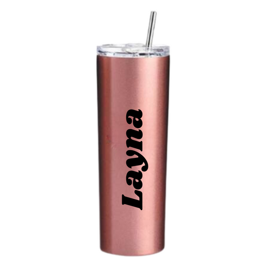 Personalised 20oz Thermo Skinny Tumbler with Stainless Steel Straw - Rose Gold