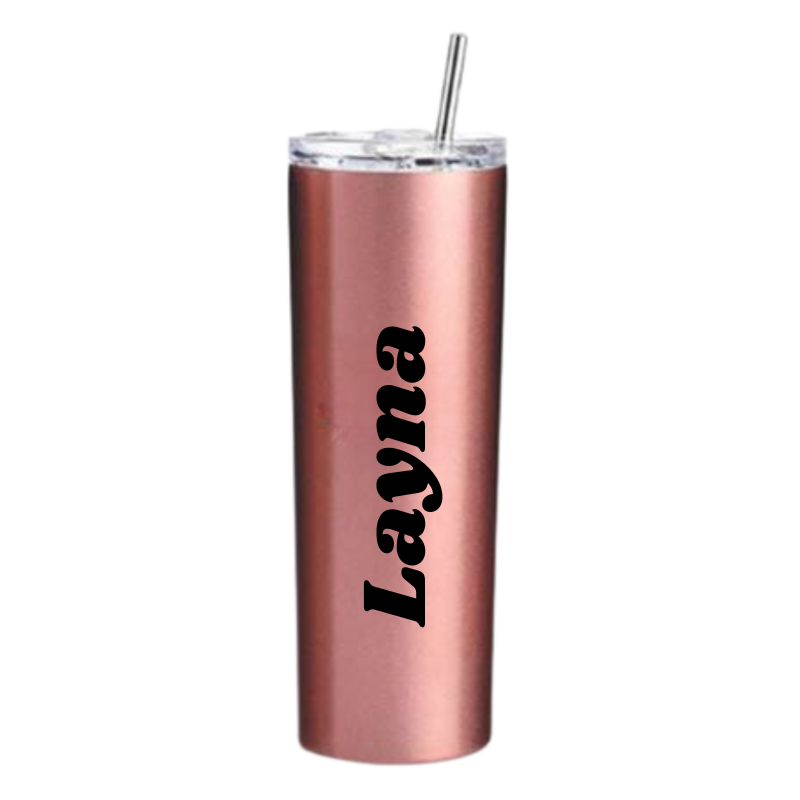 Personalised 20oz Skinny Thermo Tumbler with Stainless Steel Straw - Rose Gold
