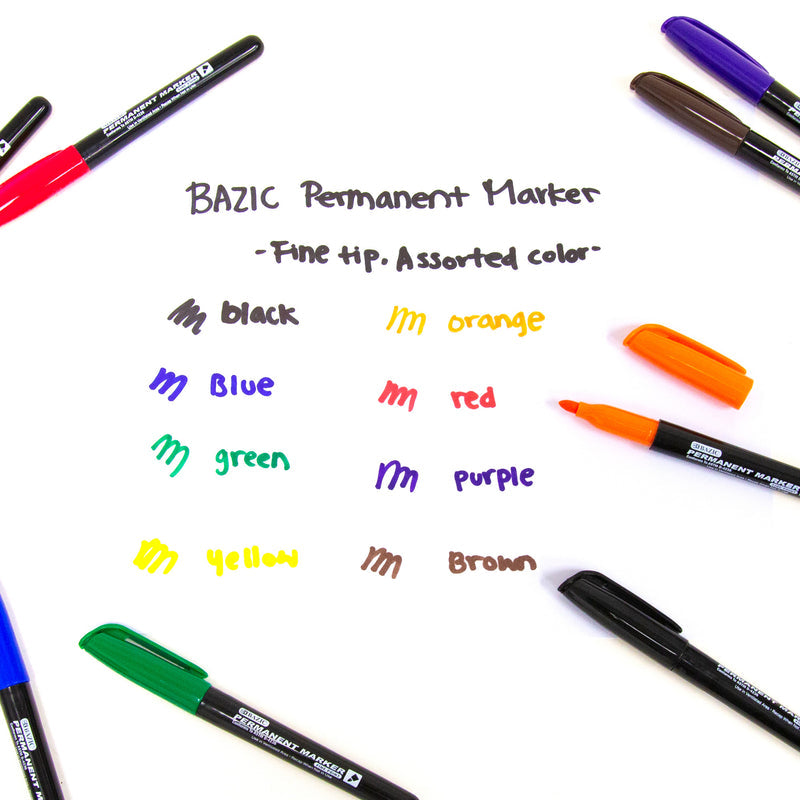 BAZIC Assorted Colour Fine Tip Permanent Markers w/ Pocket Clip (8/Pack)