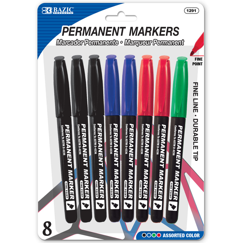 BAZIC Assorted Colour Fine Tip Permanent Markers w/ Pocket Clip (8/Pack)
