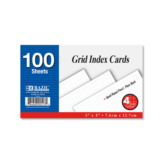 BAZIC 3" x 5" Quad Ruled 4-1" White Index Card (100 Sheets)