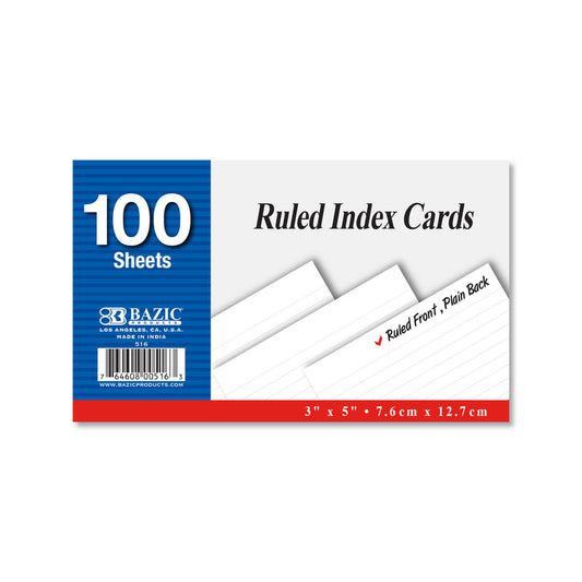 BAZIC 3" x 5" Ruled White Index Card (100 Sheets)