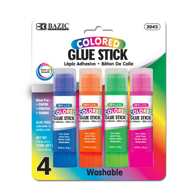 BAZIC 8g / 0.28oz Washable Coloured Glue Stick (4/Pack)