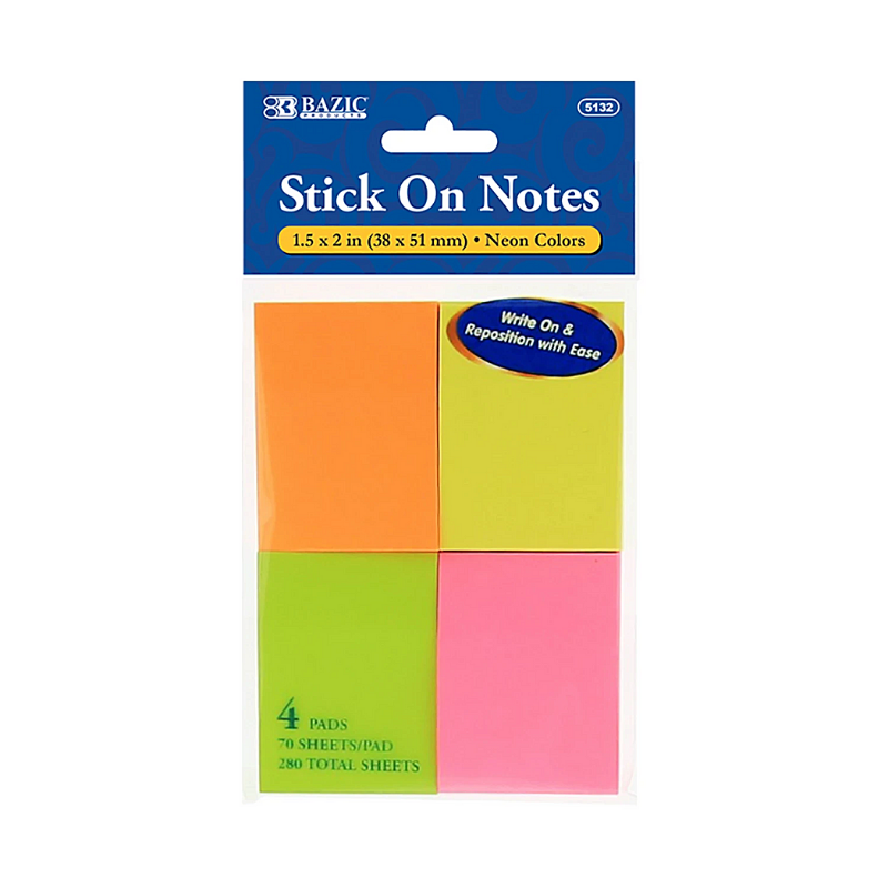 BAZIC 1.5" x 2" Neon Stick On Notes (4/Pack)