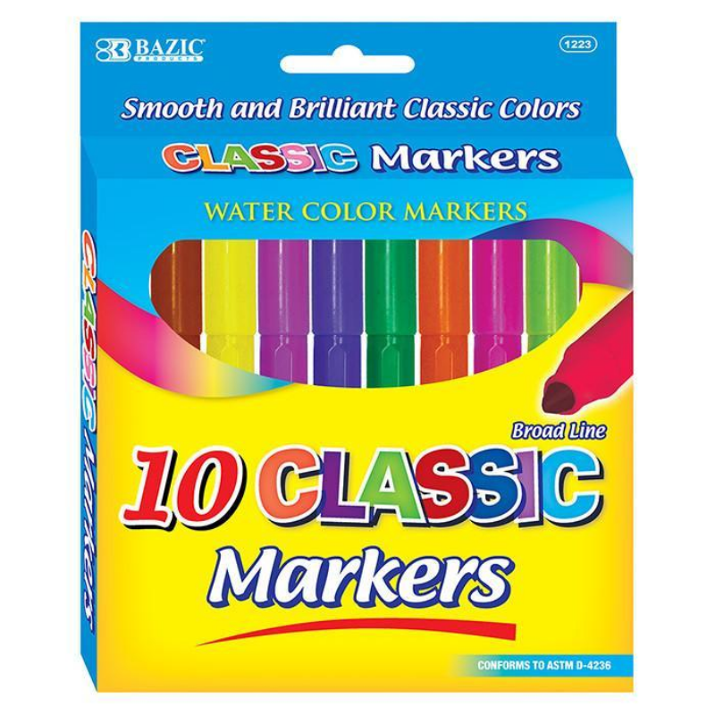 BAZIC 10 Classic Colours Broad Line Jumbo Washable Markers