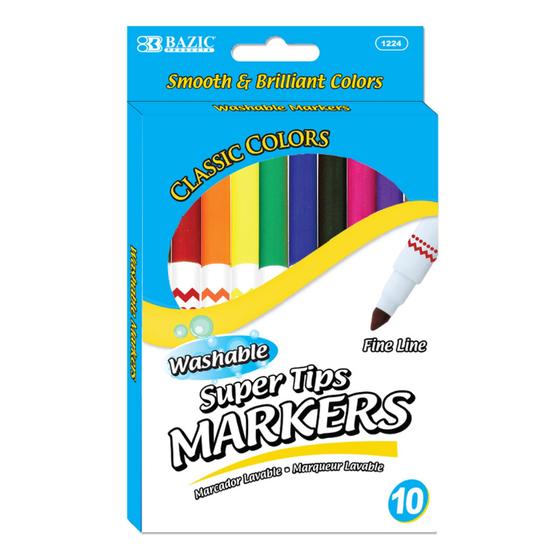 BAZIC 10 Color Super Tip Washable Markers