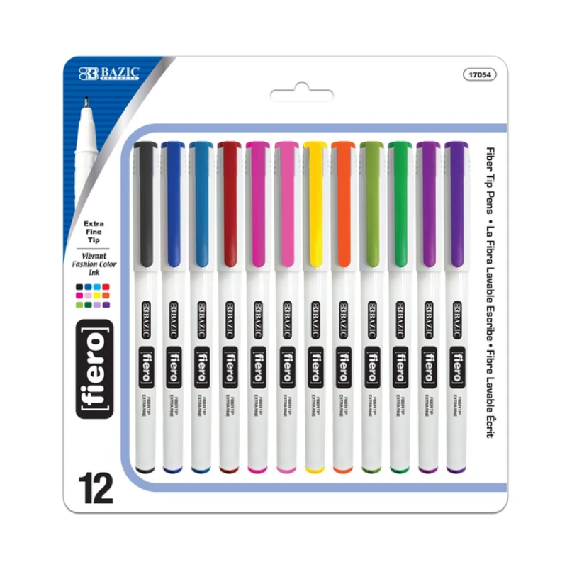 BAZIC 12 Color Fiero Fiber Tip Fineliner Pen