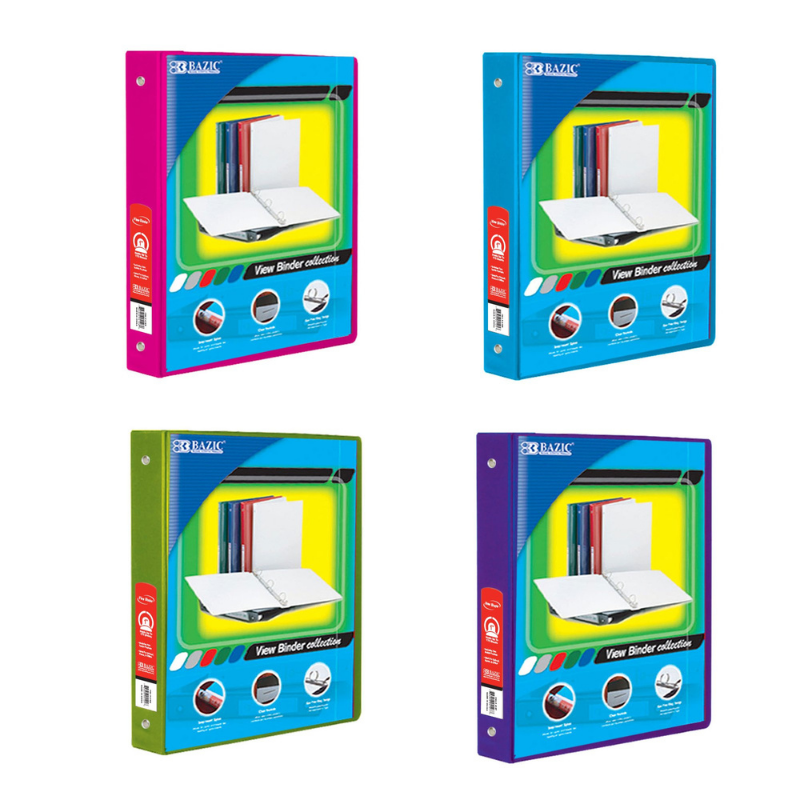 BAZIC 1" Assorted Neon Colour 3-Ring View Binder w/ 2-Pockets