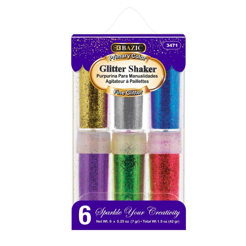 BAZIC 7g Primary Colour Glitter Shaker (6/PVC Box)