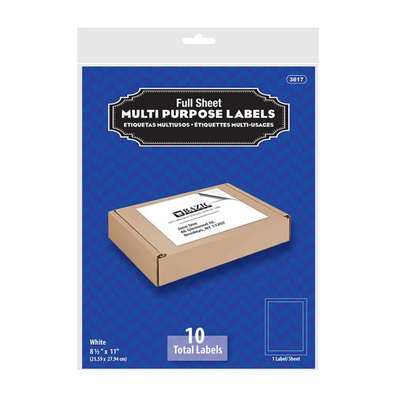 BAZIC 8.5" X 11" Full Sheet White Multipurpose Labels (10/Pk)