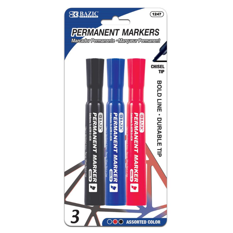 BAZIC Assorted Colour Chisel Tip Desk Style Permanent Markers (3/Pack)