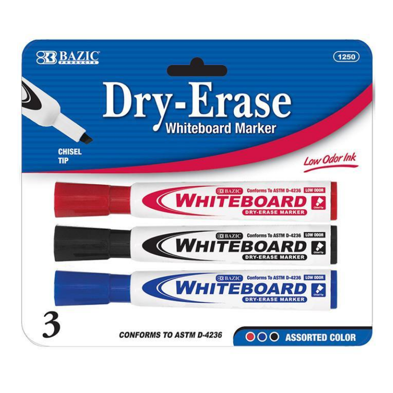 BAZIC Assorted Colour Chisel Tip Dry-Erase Markers (3/Pack)