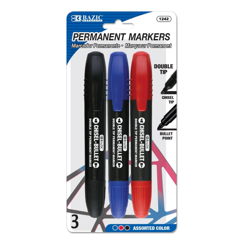 BAZIC Assorted Colour Double-Tip Permanent Marker (3/Pack)