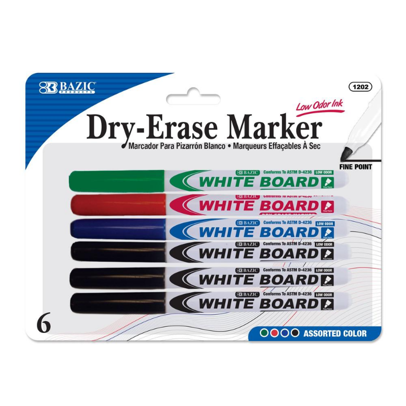 BAZIC Assorted Colour Fine Tip Dry-Erase Markers (6/Pack)