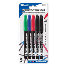Load image into Gallery viewer, BAZIC Assorted Colour Fine Tip Permanent Markers w/ Pocket Clip (5/Pack)
