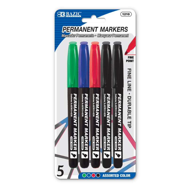 BAZIC Assorted Colour Fine Tip Permanent Markers w/ Pocket Clip (5/Pack)
