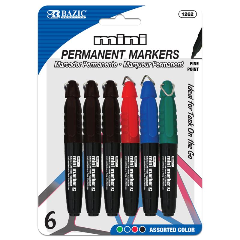 BAZIC Assorted Color Mini Fine Point Permanent Marker w/ Cap Clip (6/Pack)