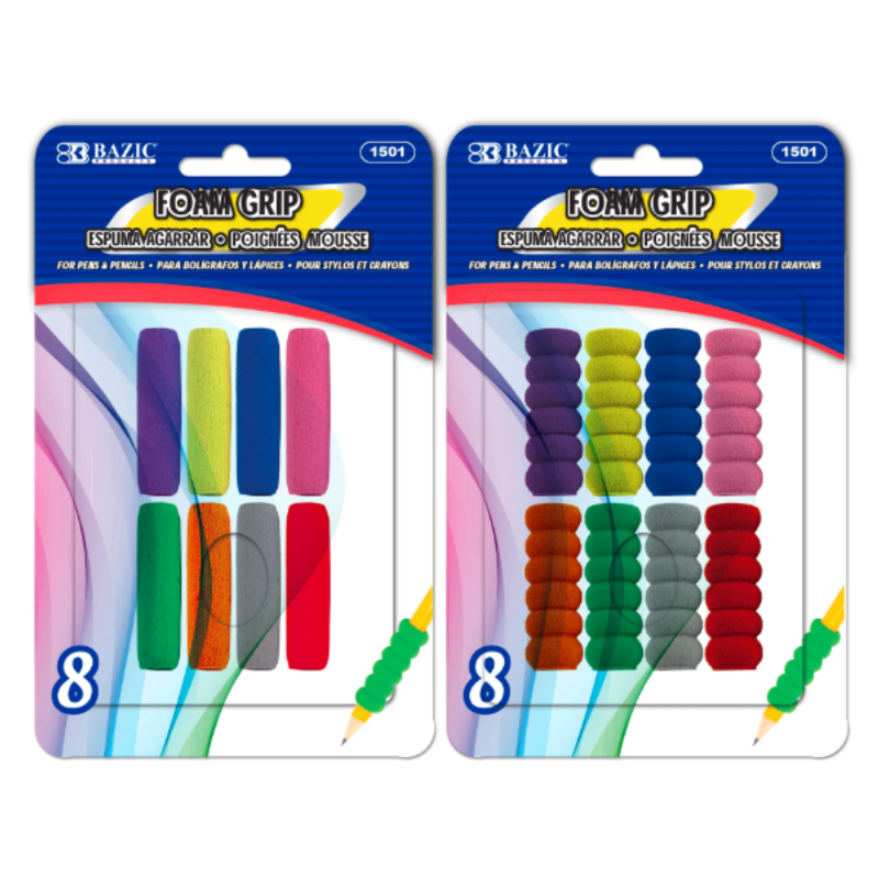 BAZIC Assorted Colour & Shape Foam Pencil / Pen Grip (8/Pack)
