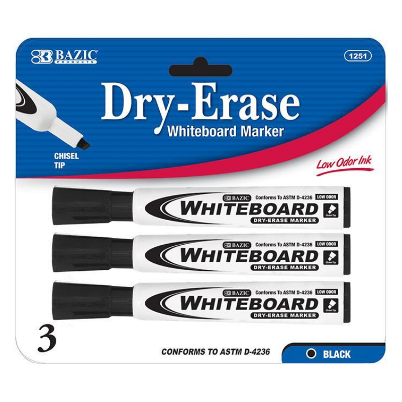 Bazic Black Chisel Tip Dry- Erase Markers (3 / Pack)