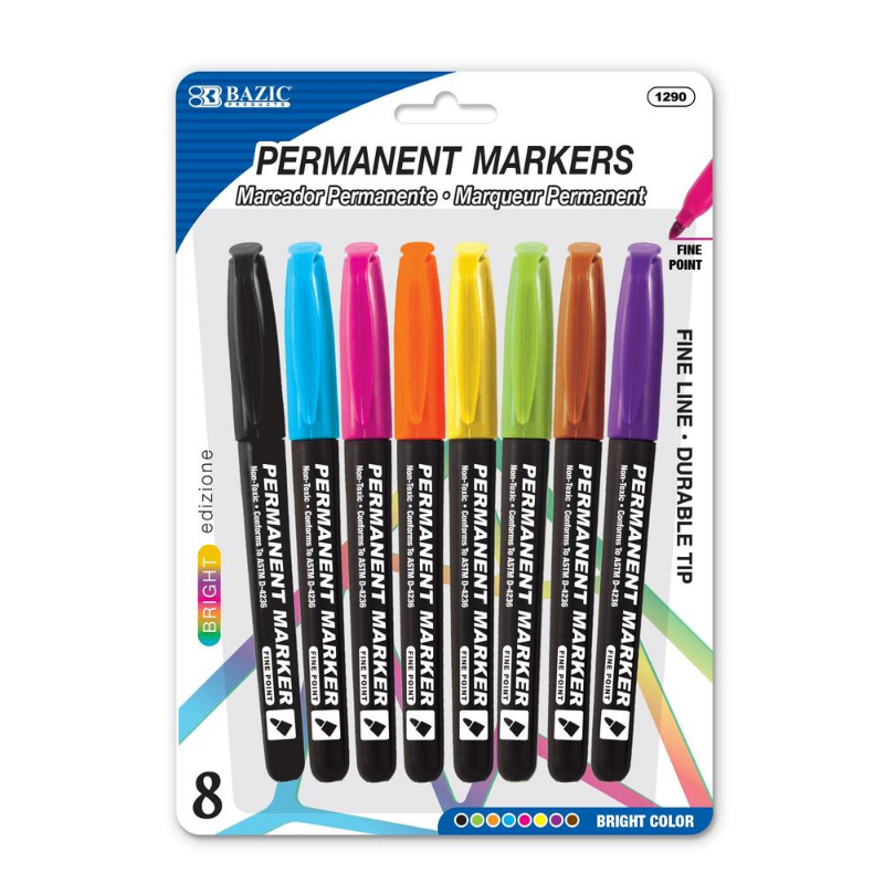 BAZIC Bright Colours Fine Tip Permanent Markers w/ Pocket Clip (8/Pack)