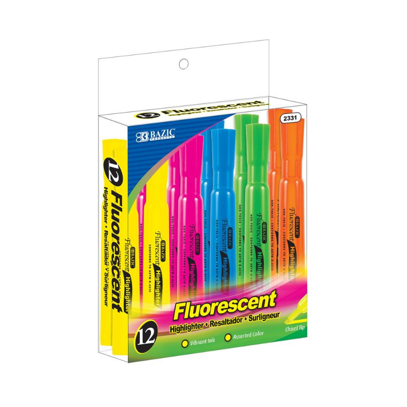 BAZIC Desk Style Fluorescent Highlighters (12/Pack)