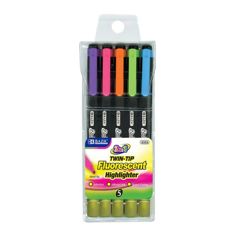 BAZIC Double Tip Fluorescent Highlighters (5/Pack)