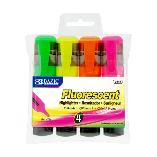 BAZIC Fluorescent Highlighters w/ Pocket Clip (4/Pack)