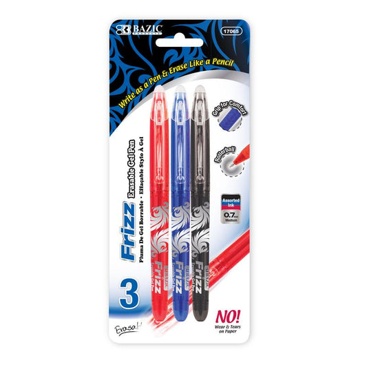 BAZIC Frizz Assorted Color Erasable Gel Pen with Grip (3/Pack)