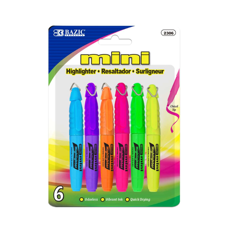BAZIC Mini Fluorescent Highlighter with Cap Clip (6/Pack)