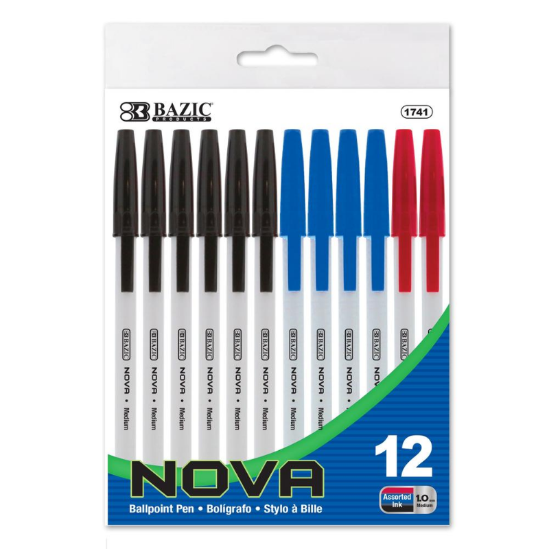 BAZIC Nova Assorted Colour Stick Pen (12/Pack)