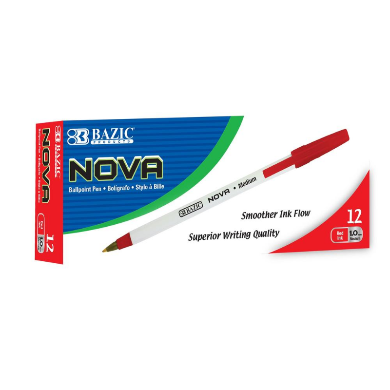 BAZIC Nova Red Colour Stick Pen (12/Pack)