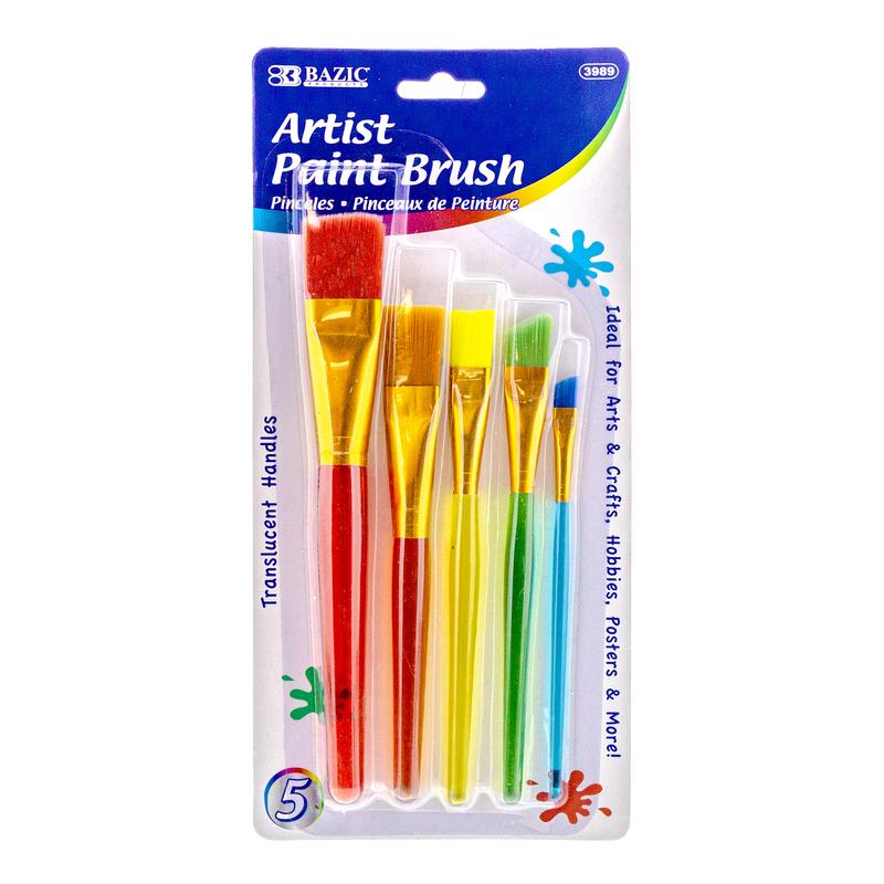 BAZIC Paint Brush Flat & Angled w/ Translucent Handle set (5/Pack)
