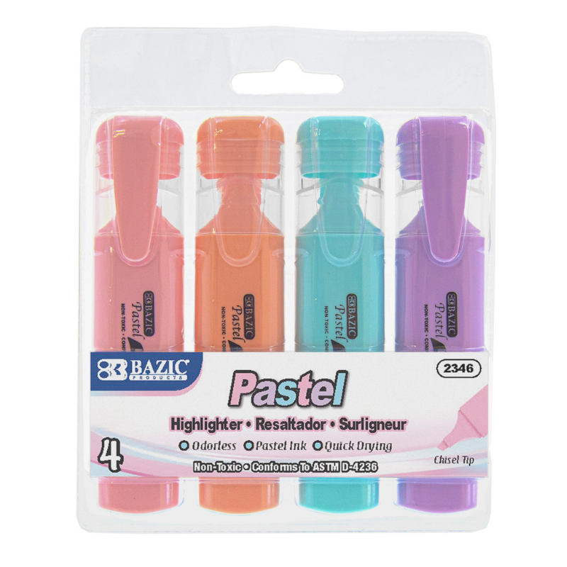 BAZIC Pastel Highlighters w/ Pocket Clip (4/Pack)