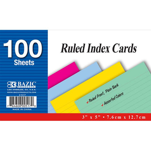 BAZIC 3" x 5" Ruled Colored Index Card (100 Sheets)