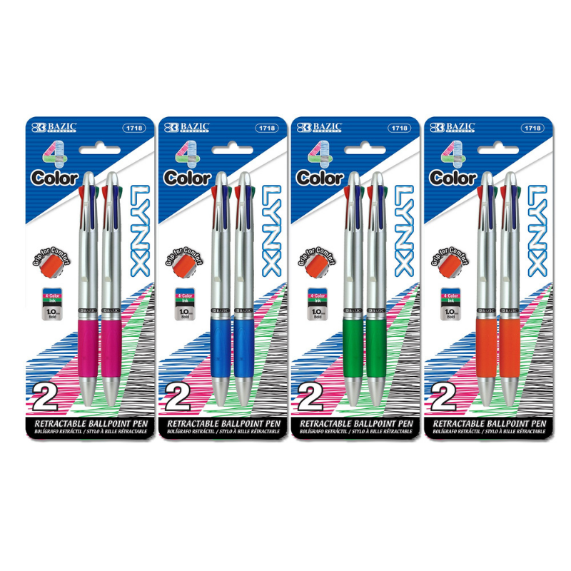 BAZIC Lynx Silver Top 4-Colour Pen w/ Cushion Grip (2/Pack)