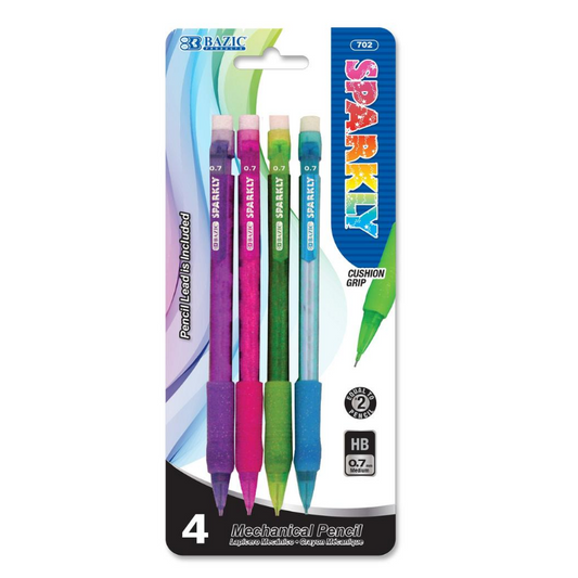 BAZIC Electra Sparkly 0.7mm Mechanical Pencil w/ Glitter Grip (4/Pack)