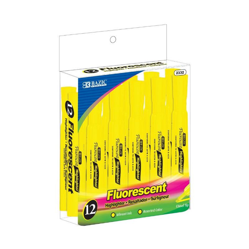 BAZIC Yellow Desk Style Fluorescent Highlighters (12/Pack)