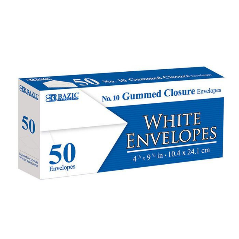 BAZIC #10 White Envelope w/ Gummed Closure (50/Pack)