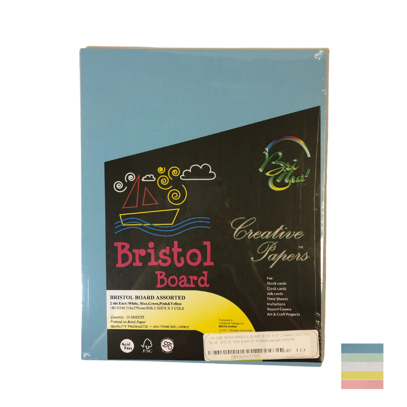 BriCha 180gsm Bristol Board (10 Sheets) - Assorted - 8.5" x 11"