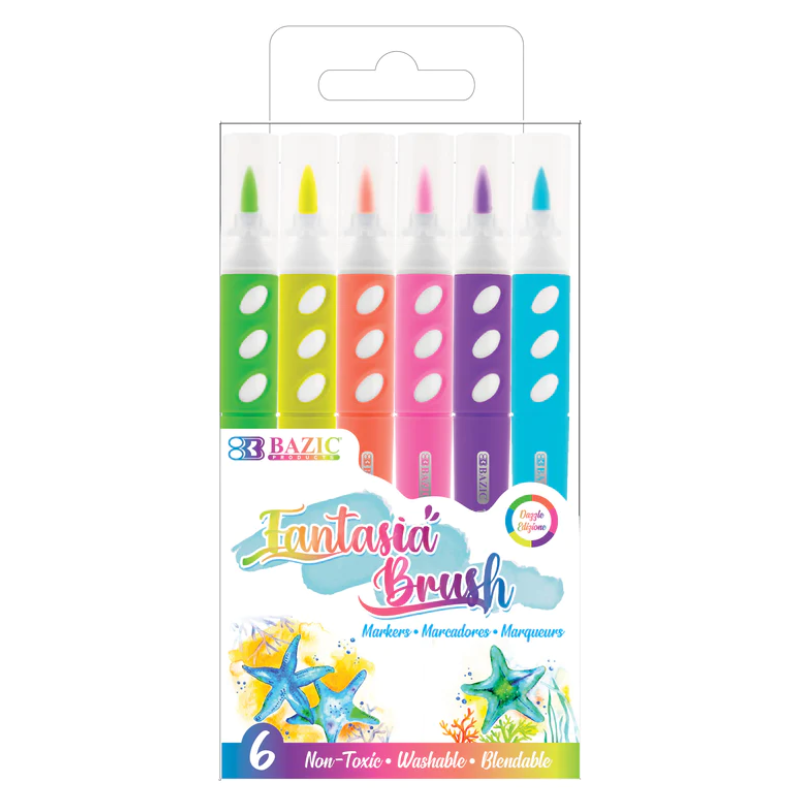 BAZIC Neon Coloured Brush Markers (6/Pack)